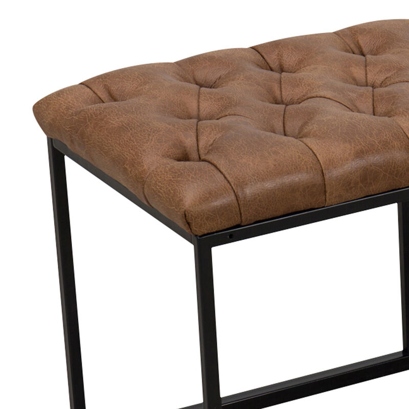 Leatherette Upholstered Bench with Button Tufted Cushioned Seat and Metal Base, Brown