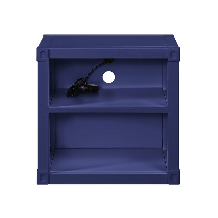 Metal Nightstand with 2 Open Compartment and USB Port, Blue-Benzara