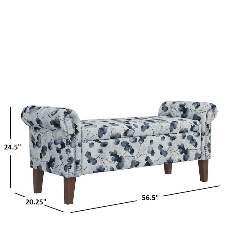 HL Home Furnishings Rolled Arm Storage Ottoman in Black Floral Bonsai