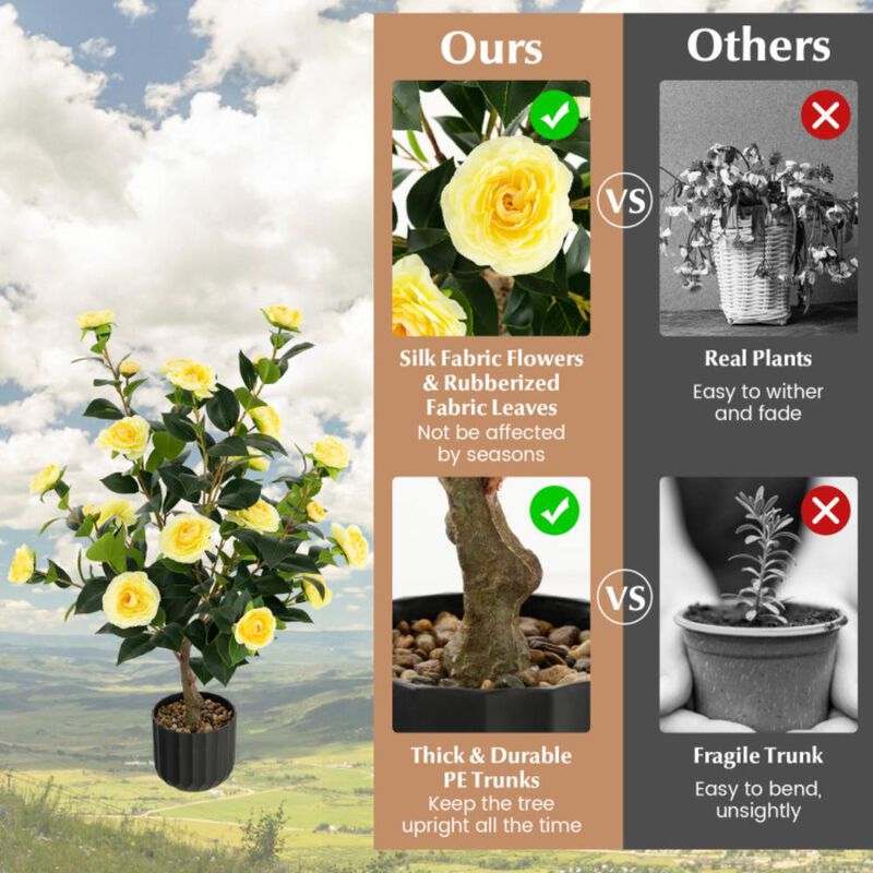 Hivvago Artificial Camellia Tree Faux Flower Plant in Cement Pot 2 Pack