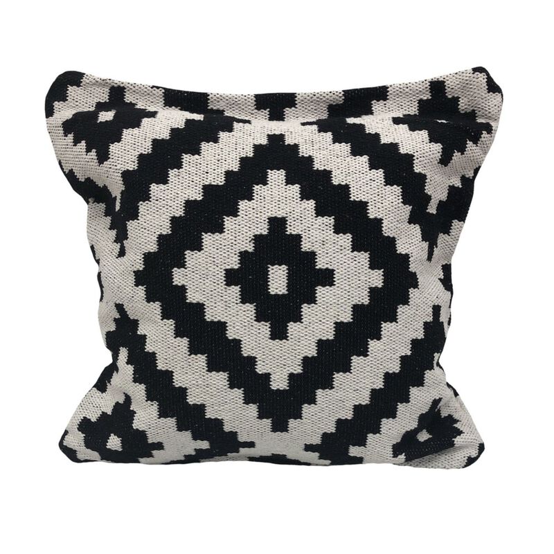 24" Black and White Geometric Medallion Handmade Square Throw Pillow