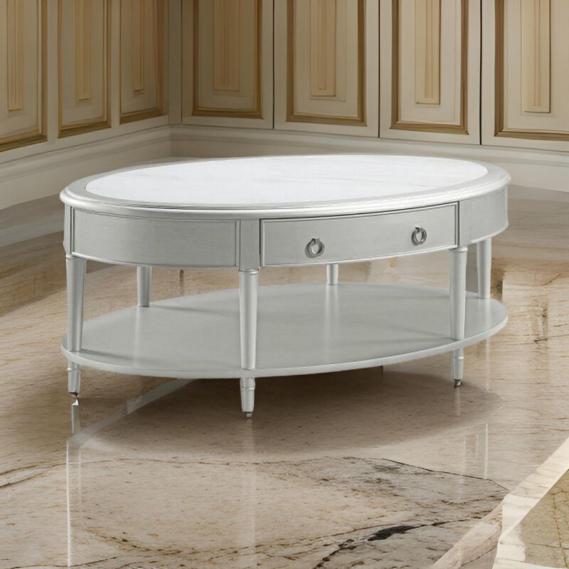 Kyna 50 Inch Coffee Table, Sintered Top, 1 Drawer, Classic Oval, Silver image number 5