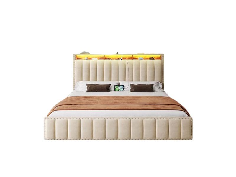 King Platform Bed &ndash; Beige Velvet Frame with 4 Storage Drawers, RGB Lights & Charging Station image number 0