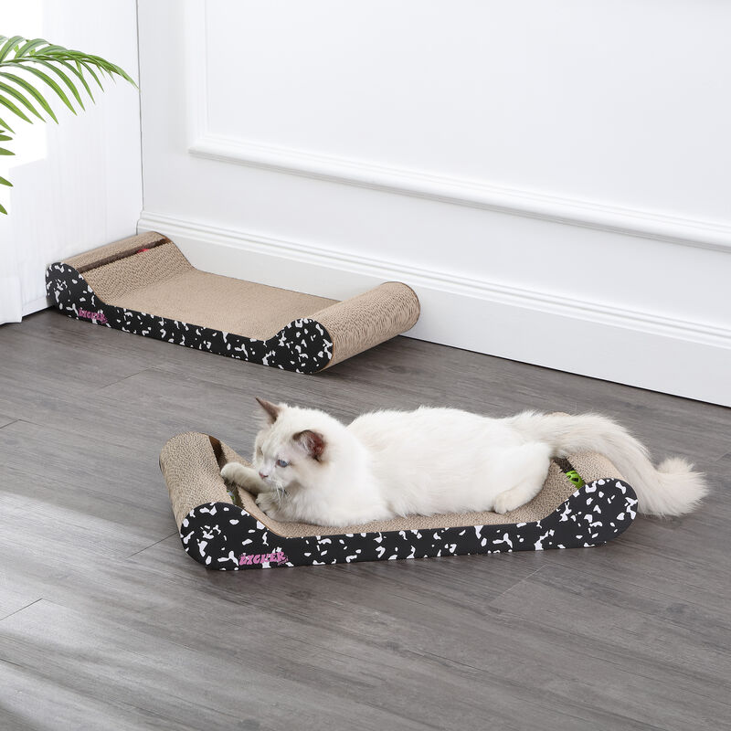 Rini 23.75" Modern Cardboard Lounge Bed Cat Scratcher with Built-In Bell Toys and Catnip, White/Multi (Set of 2)