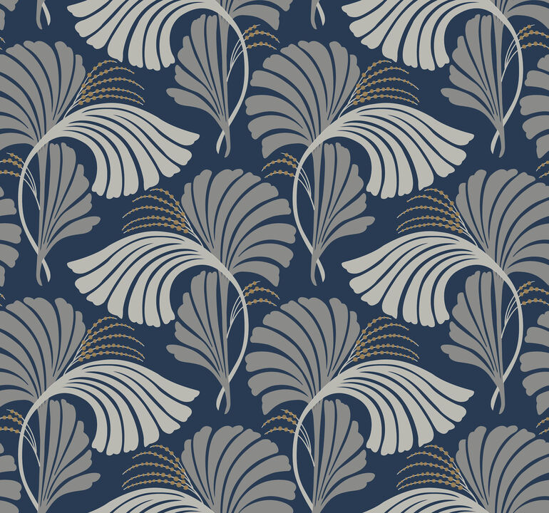 Dancing Leaves Navy Wallpaper