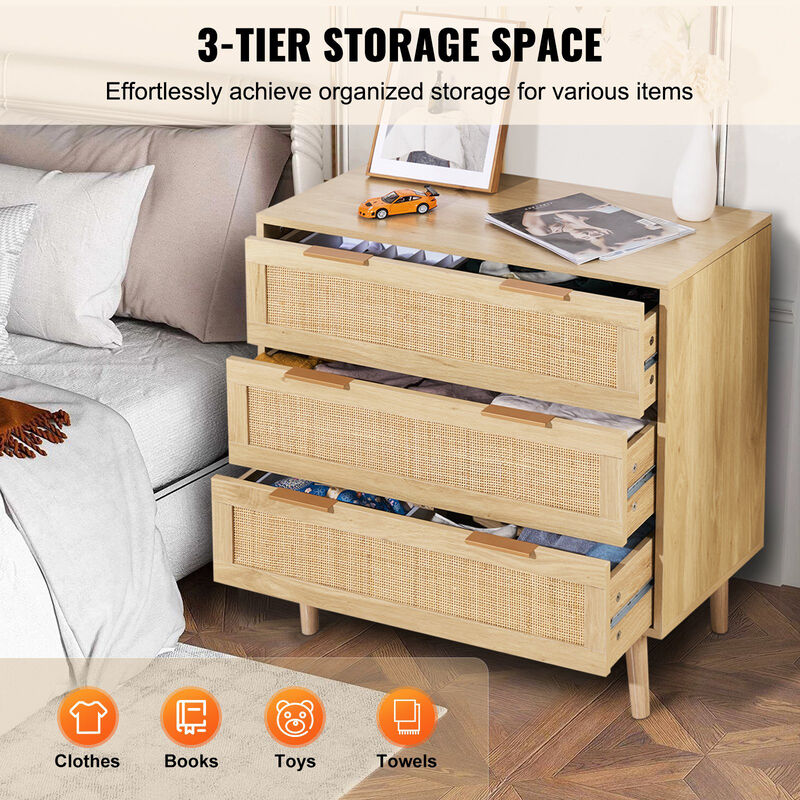 3 Drawer Rattan Dresser Chest of Drawers with Storage for Bedroom Living Room Hallway image number 5