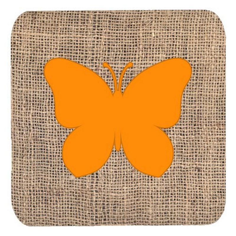 Caroline's Treasures BB1047-BL-OR-FC Butterfly Burlap and Orange Foam Coasters (Set of 4), 3.5 H x 3.5 W, Multicolor