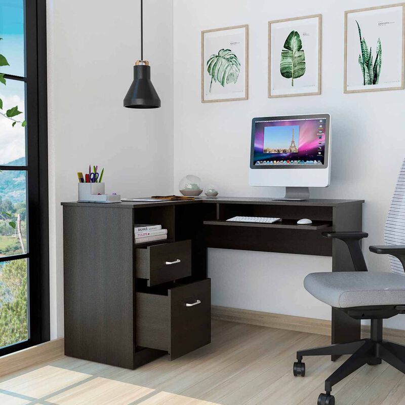 L-Shaped Computer Desk with Two Drawers for Home Office and Study