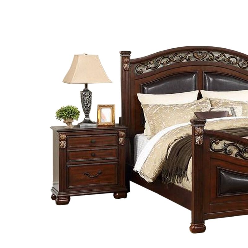 Miri California King Bed, Carved Details, Faux Leather Upholstery, Cherry - Benzara