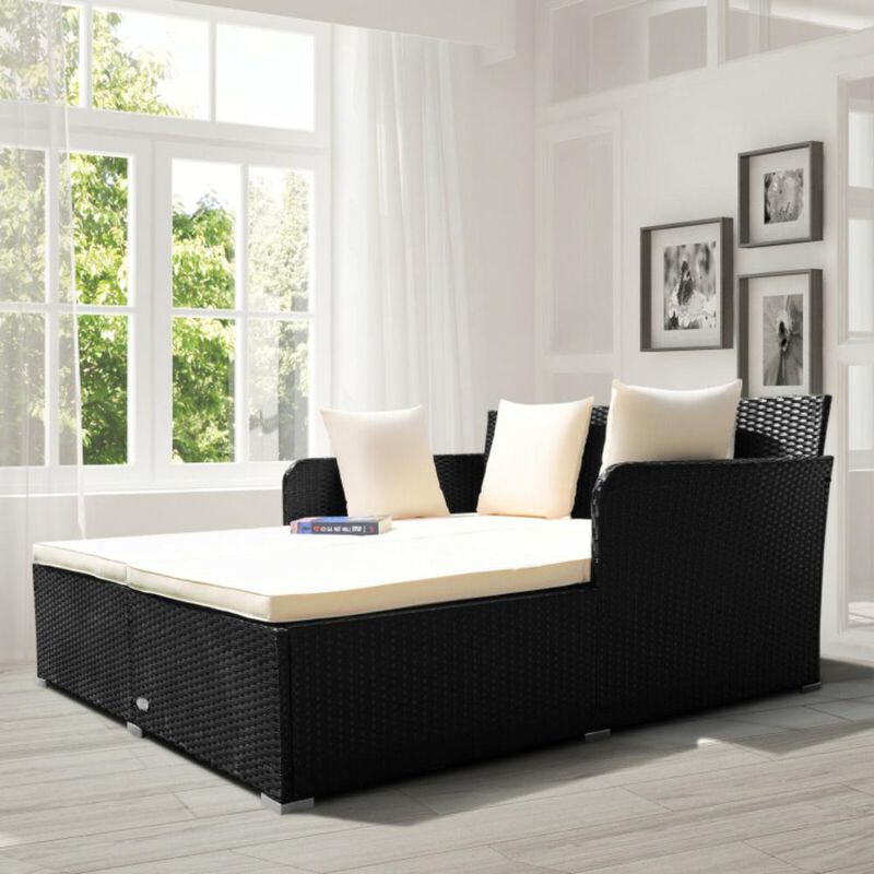 Hivvago Spacious Outdoor Rattan Daybed with Upholstered Cushions and Pillows-Black