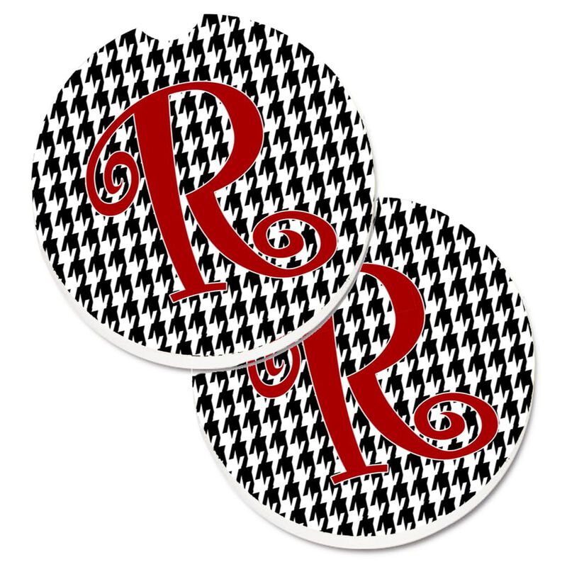 Caroline's Treasures Monogram Initial R Houndstooth black Set of 2 Cup Holder Car Coasters CJ1035-RCARC, 2.56, Multicolor