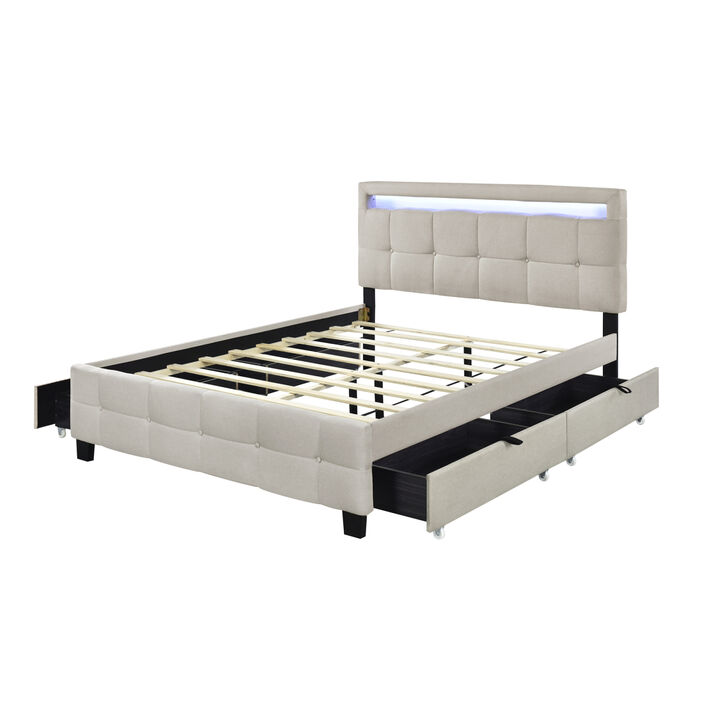 Queen Size Upholstered Platform Bed with LED Frame and 4 Drawers, Linen Fabric, Beige