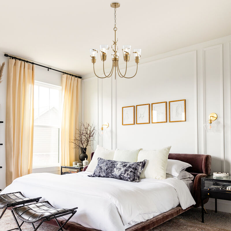 26 in. 5-Light Plated Gold Chandelier with Seeded Glass Shade