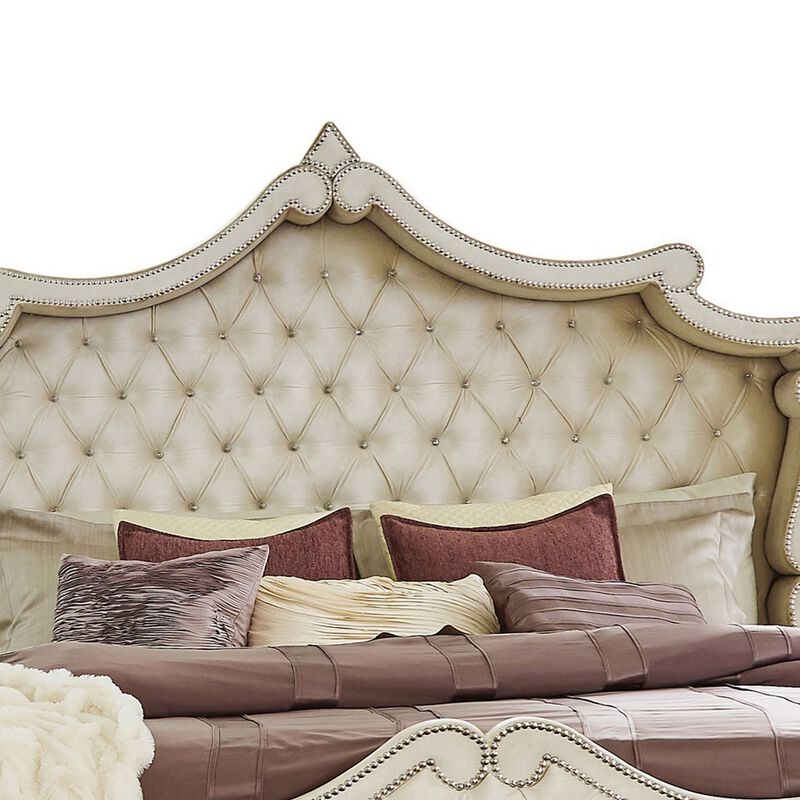 Lino Wood King Bed, Opulent Tufted Velvet Upholstery, French Carved, Ivory - Benzara