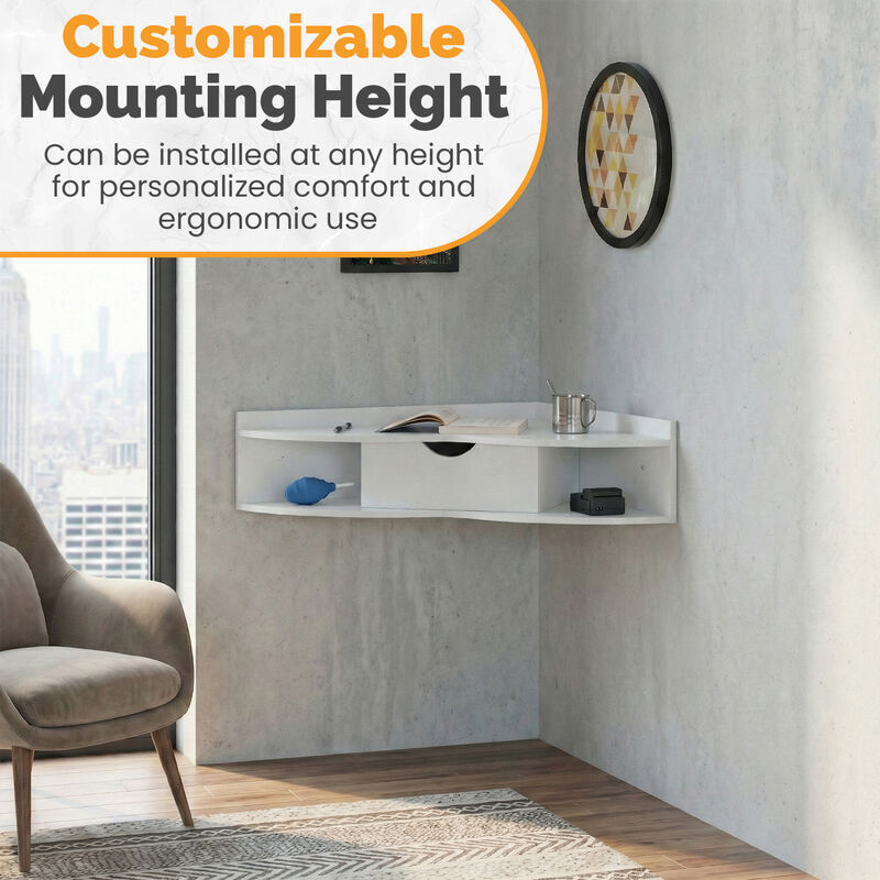 Basicwise Wall Mounted Folding Table with Drawer - Floating Space-Saving Solution for Home Office, Bedroom, Laundry Room - Hideaway Secretary, Shelves, Modern White, Compact Design, 23.5 x 33 x 7 in image number 6