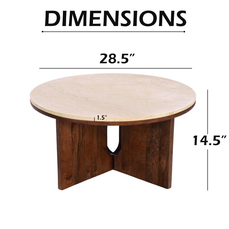 Kara Coffee Table, 29 Inch Round Botticino Marble Top, Brown Mango Wood 3 Panel Tripod Base image number 6