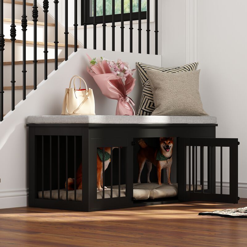 Wooden Bed End Bench Dog Crate, Dog Kennel Indoor Modern Crates Entryway Bench Furniture for Small Medium Pets, Black
