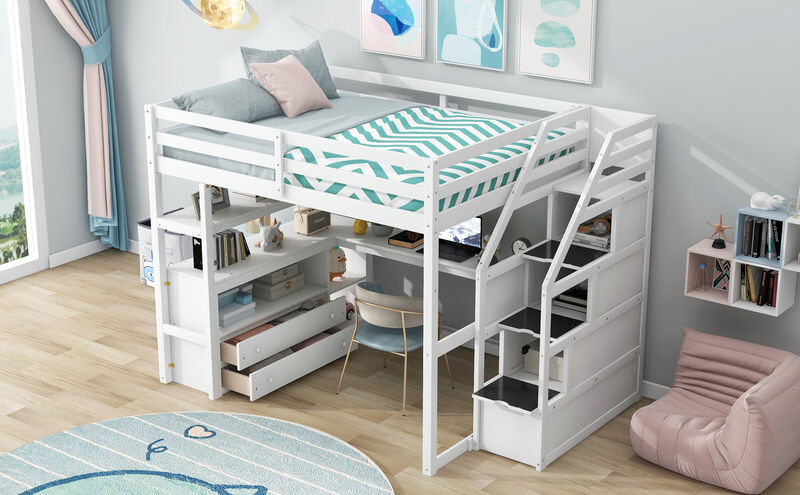 Multi-functional Loft Bed with Desk, Shelves, Storage Staircase, and Two Drawers