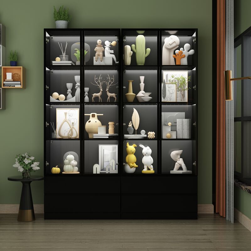 FUFU&GAGA 63" Modern Black Storage Cabinet with LED Lighting, 4 Glass Doors & 4 Drawers, P2 PB Board Media Console (63 in. W x 14.2 in. D x 78.7 in. H)