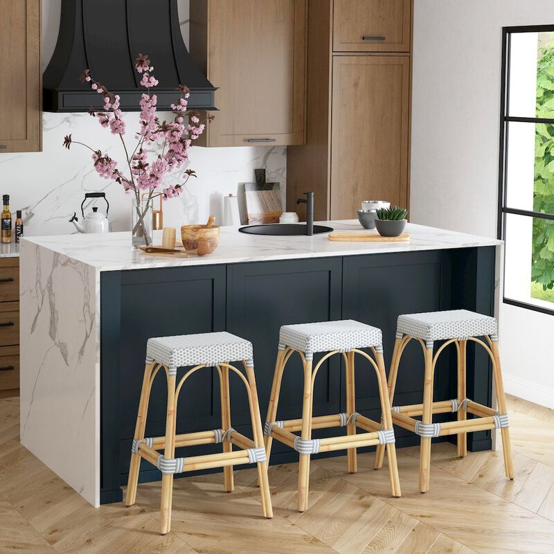 Butler Specialty Robias Rectangular Rattan 30 Bar Stool, White and Sky Blue Dot