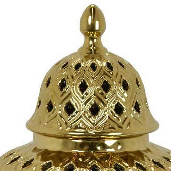 Deni 18 Inch Temple Jar, Pierced, Carved Lattice Design, Lid, Gold - Benzara