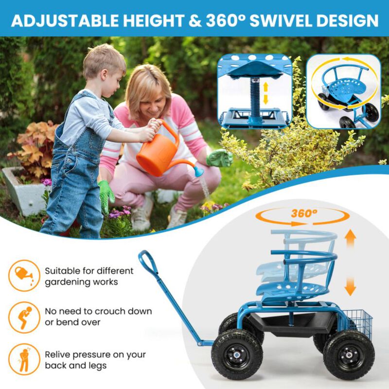 Hivvago Cushioned Rolling Garden Cart Scooter with Storage Basket and Tool Pouch