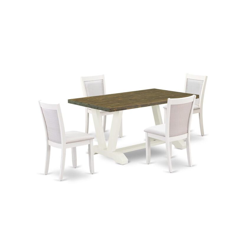 V076MZ001-5 5-Piece Kitchen Dining Table Set Consists of a Wood Table and 4 Cream Padded Chairs - Wire Brushed Linen White Finish