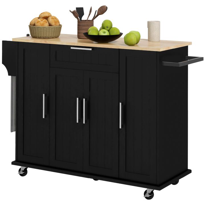 Modern Rolling Kitchen Island Cart with Drawers, Natural Wood Top, Towel Rack, Door Storage Cabinet,  Black