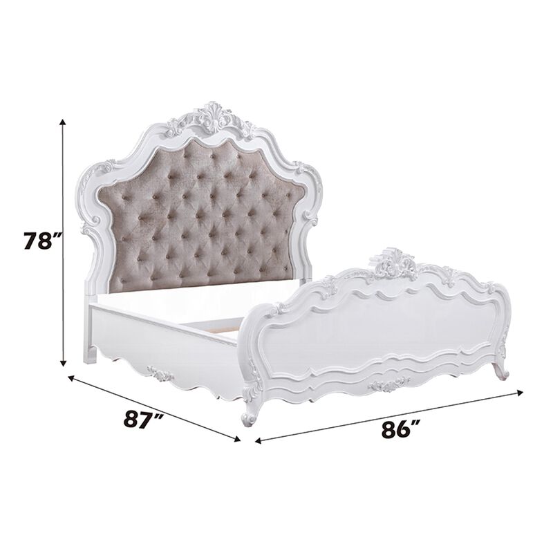 Tisha King Bed, Tufted Dark Beige Chenille Upholstery w White Traditional Design image number 7