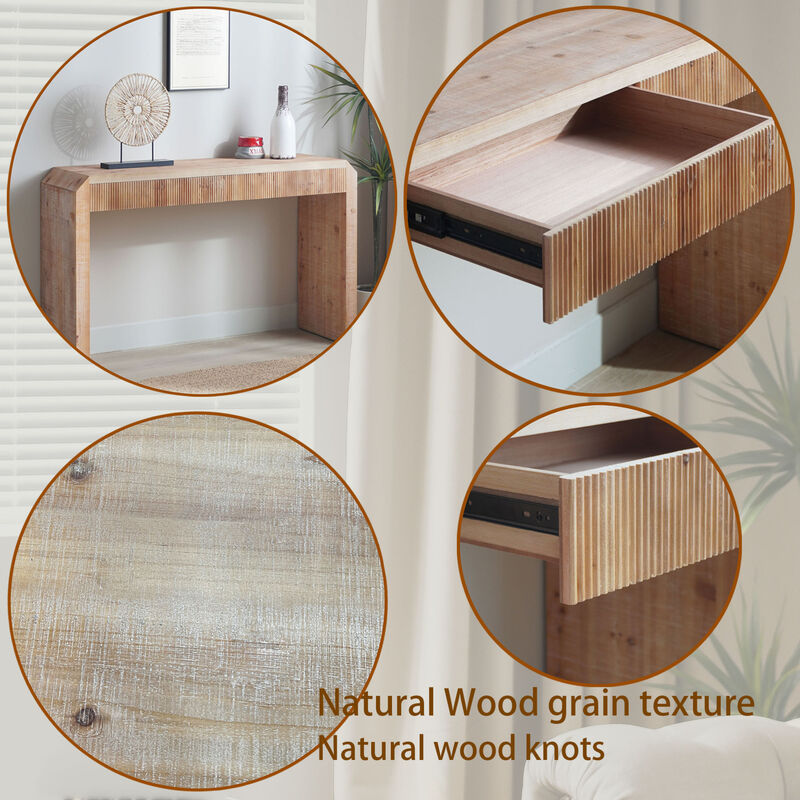 GOODSILO Rustic Wooden Console Table with Drawer Minimalist Design Ribbed Texture Natural Finish image number 9