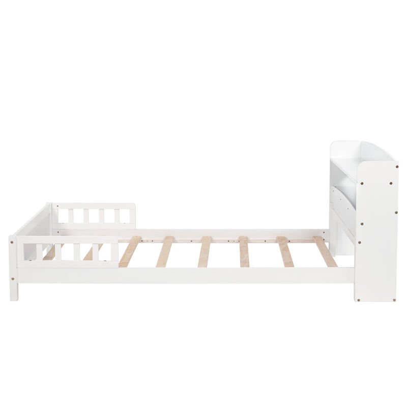 Whisen Twin Pine Wood Bed with Bookcase Headboard ,LED Motion Sensor Light, Guardrails-White
