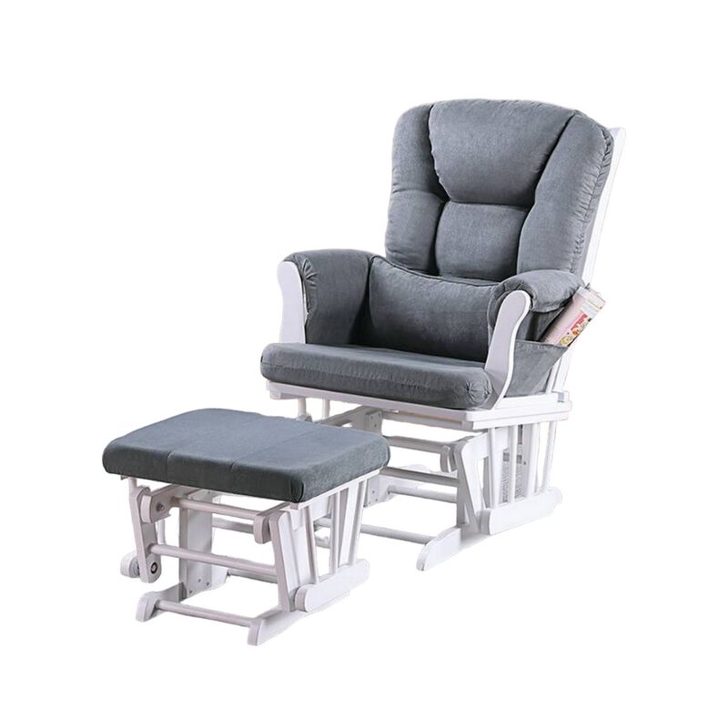 Noni Glider Manual Recliner Chair w Square Ottoman, White Wood, Gray