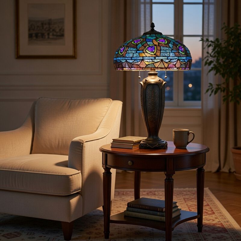 Table Lamp with Pull Chain, Blue Tiffany Stained Glass, 26 Inch Dark Bronze image number 8