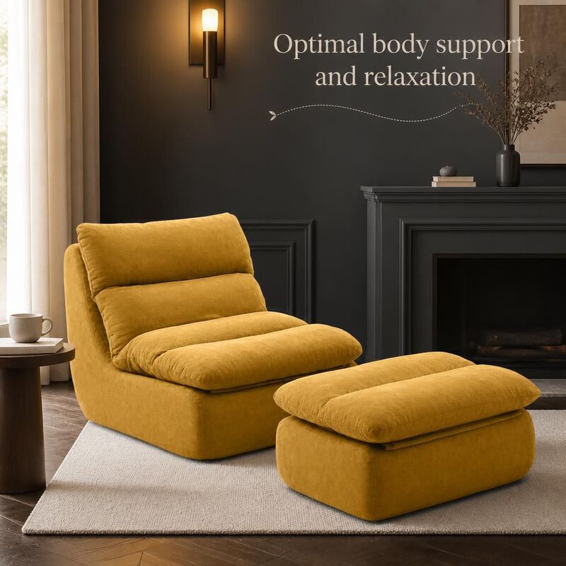 GOODSILO Tufted Upholstered Large Chaise Lounge Bean Bag Chair With Matching Ottoman Comfortable Lazy Sofa For Living Room Bedroom Reading Napping image number 4
