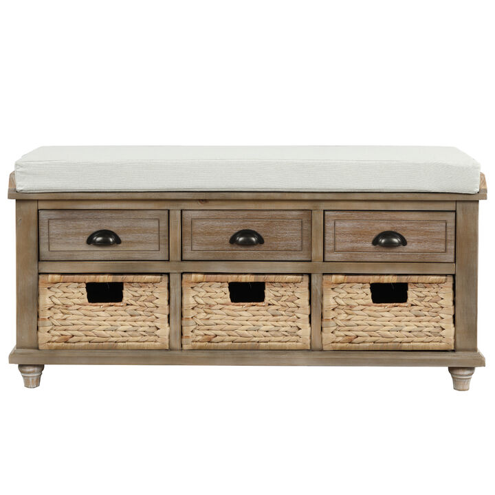 Rustic Storage Bench with 3 Drawers and 3 Rattan Baskets, Shoe Bench for Living Room, Entryway (White Washed)