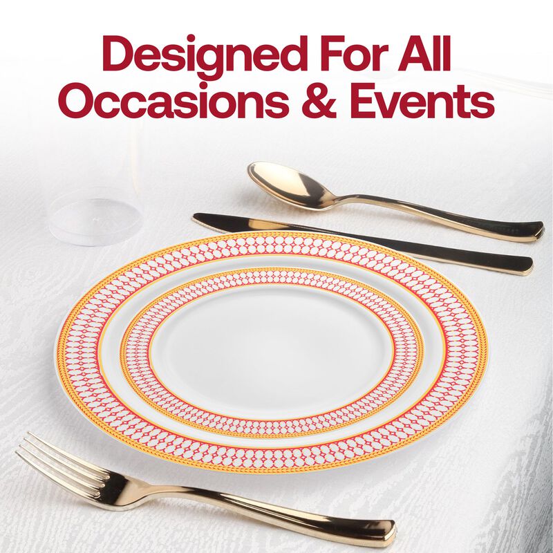 White with Red and Gold Chord Rim Plastic Dinnerware Value Set (40 Sets) image number 7