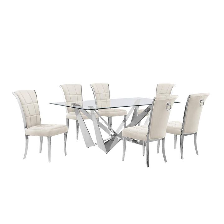 7pc Small(78") glass dining set with silver base and 6 Cream side chairs
