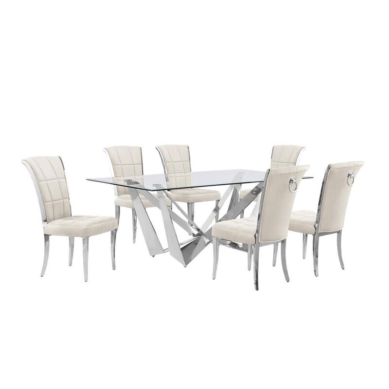 7pc Small(78") glass dining set with silver base and 6 Cream side chairs
