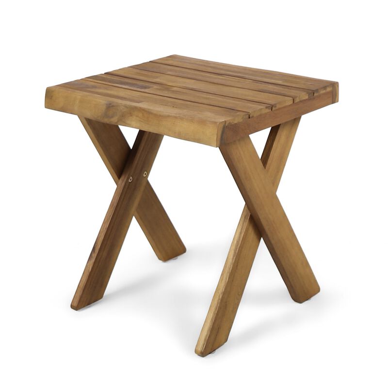 Harley Outdoor Side Table, X Legs, Square 18 Inch Brown Acacia Wood - Benzara