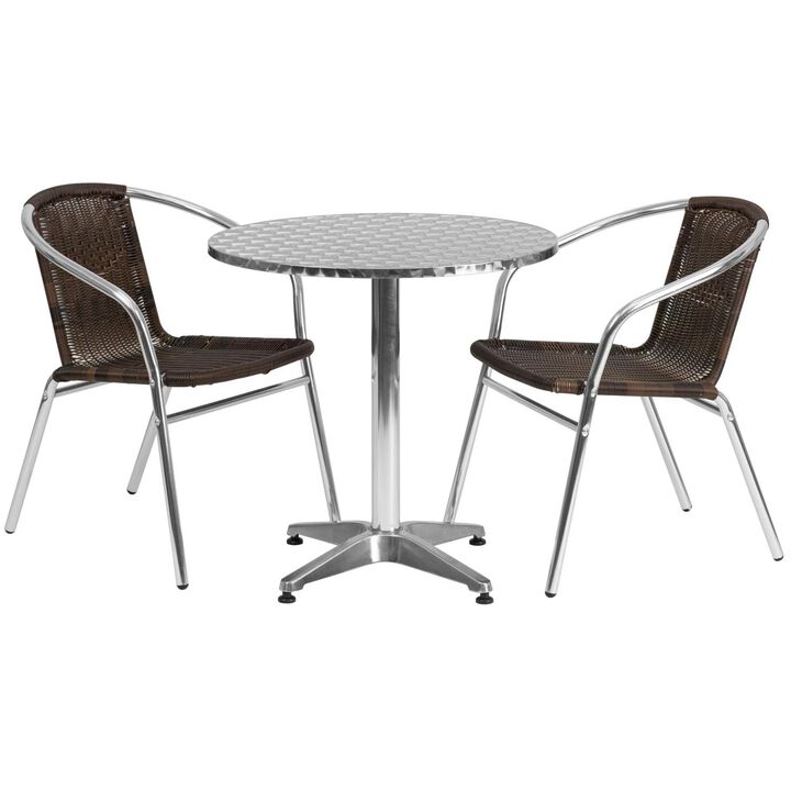 Flash Furniture 27.5'' Round Aluminum Indoor-Outdoor Table Set with 2 Dark Brown Rattan Chairs
