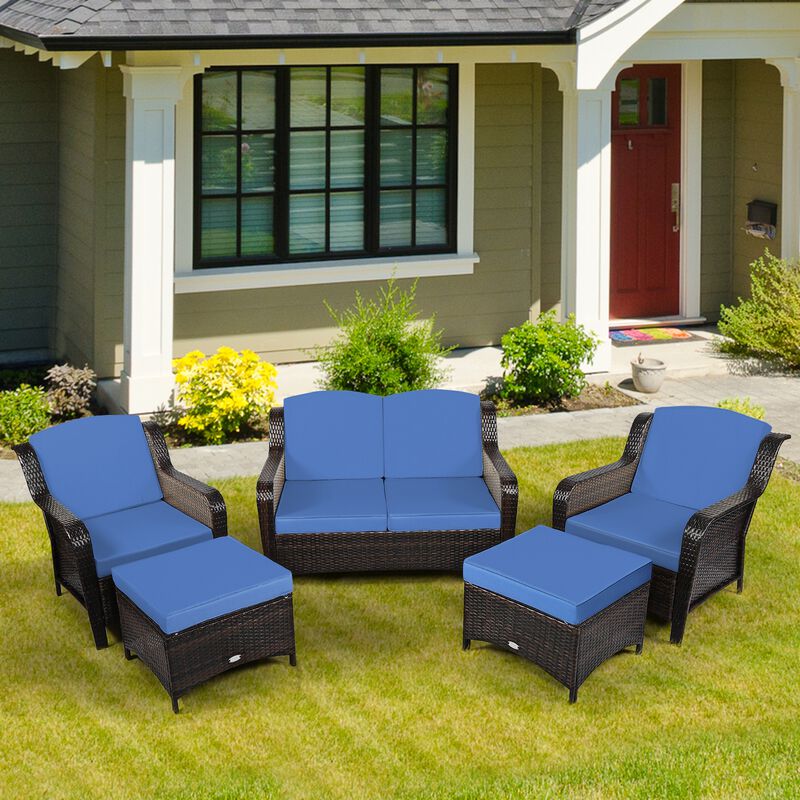 5-Piece Patio Rattan Sofa Set with Cushions and Ottoman, Comfortable Outdoor Seating