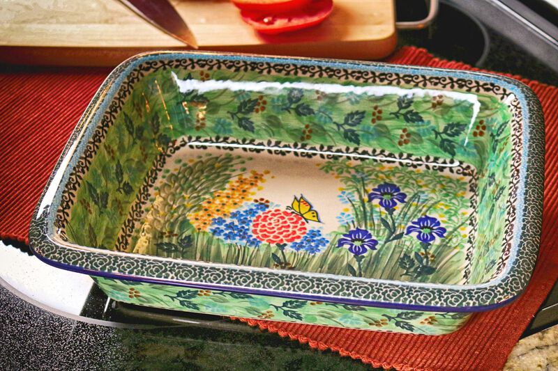 Blue Rose Polish Pottery Rooster Row Medium Rectangular Baker