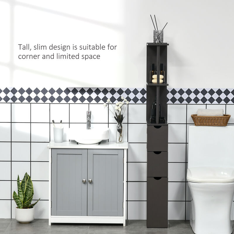 54" Tall Bathroom Linen 2-Tier Cabinet Shelf Storage Cupboard w/ Drawers, Brown