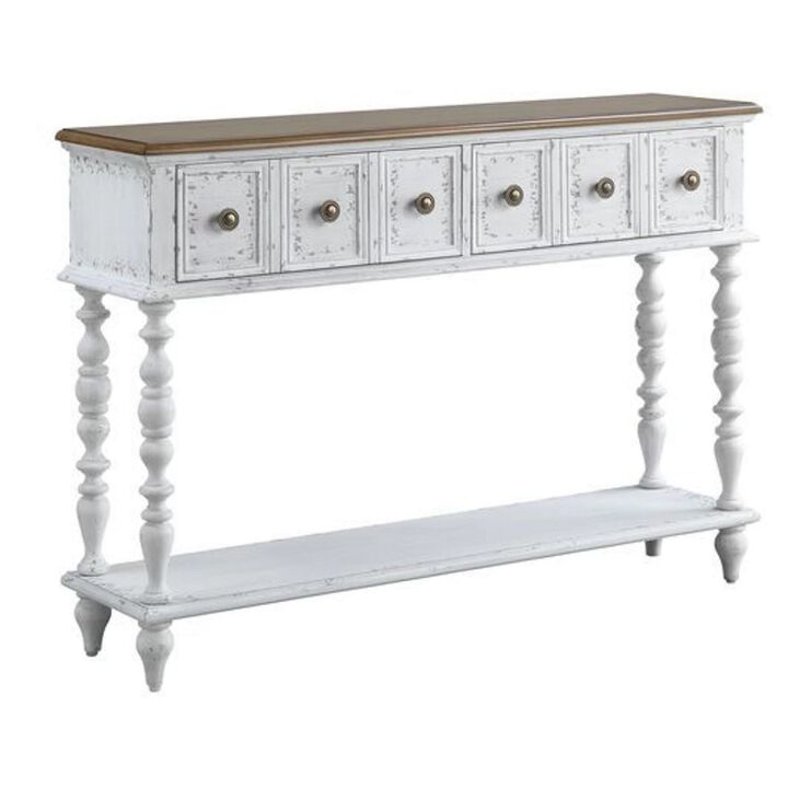 48 Inch 2 Drawer Console Table, Turned Legs, Distressed White-Benzara