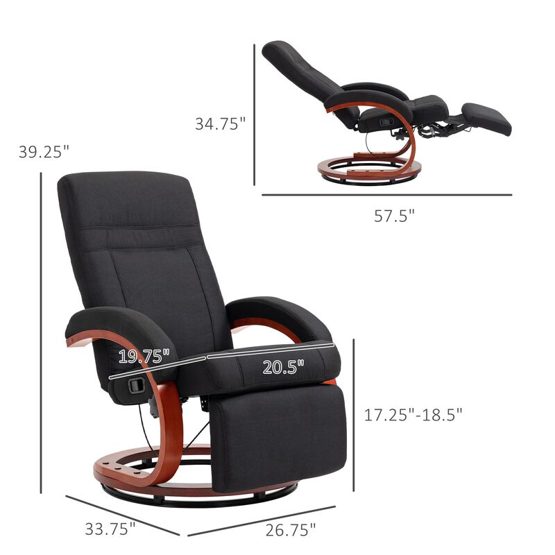 Black Manual Recliner: Swivel, Footrest, Wood Base