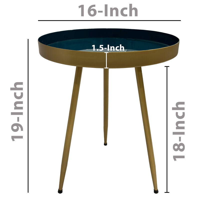 Enid 19 Inch Side End Table, Iron Brass Plating, Enamel Blue Top, Modern Sleek Angled Legs