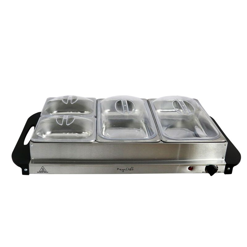 MegaChef Buffet Server & Food Warmer With 3 Removable Sectional Trays , Heated Warming Tray and Removable Tray Frame