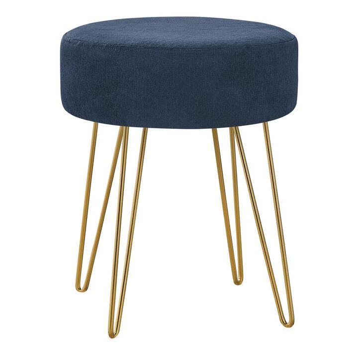 Ottoman, Pouf, Footrest, Foot Stool, 14 Round, Blue Fabric, Gold