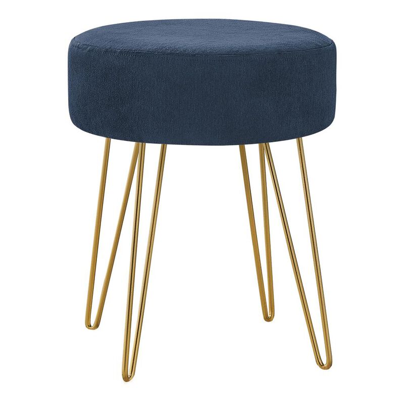Ottoman, Pouf, Footrest, Foot Stool, 14 Round, Blue Fabric, Gold