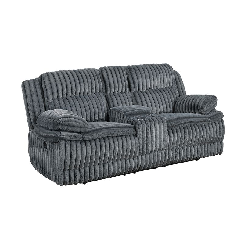 Rexy Manual Dual Recliner Loveseat, Console Dark Gray Corduroy 85 Inch - Benzara